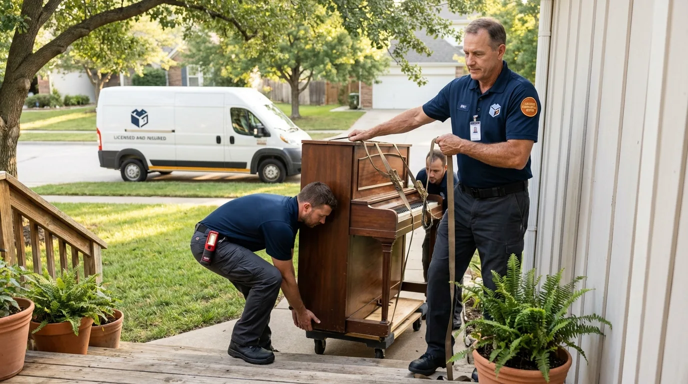 Licensed piano movers securing grand piano in Laconia, NH