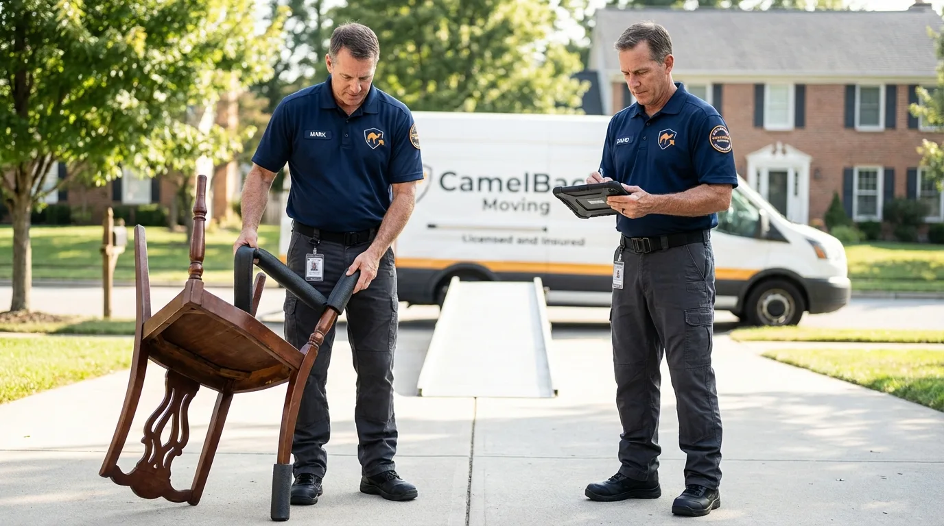 Movers inspecting furniture for damage prevention before loading in Laconia, NH