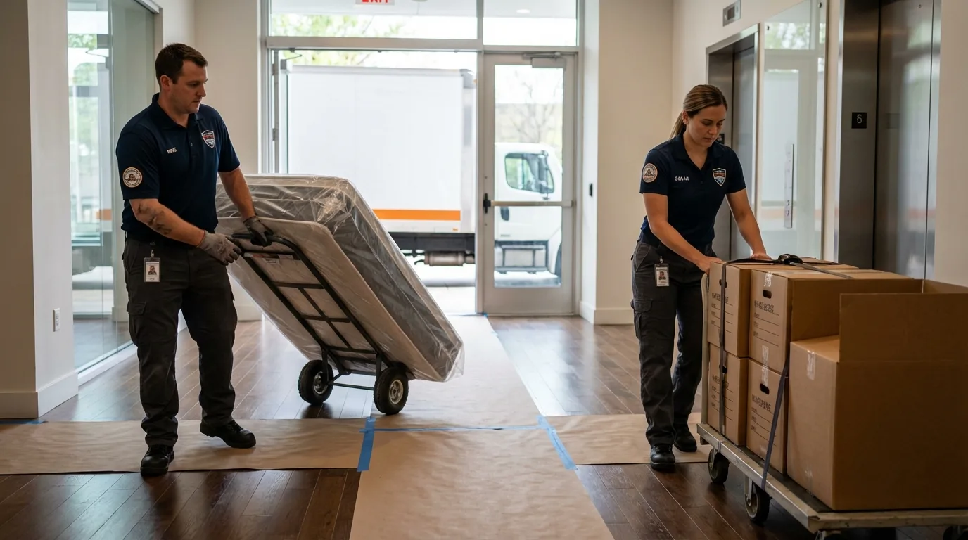 Professional apartment movers loading elevator in Laconia, NH