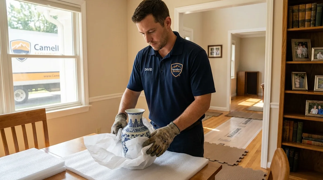 Professional crew carefully wrapping antique vase for senior downsizing move in Laconia, NH