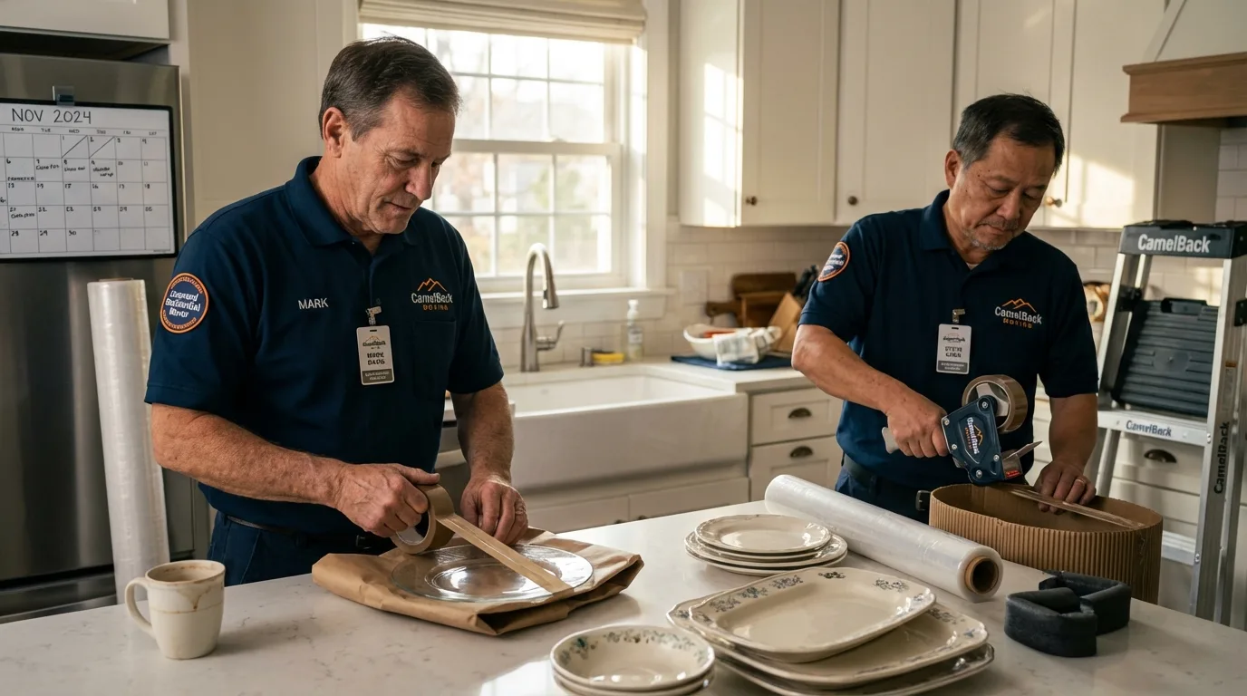 Professional crew packing kitchen dishware in Laconia, NH
